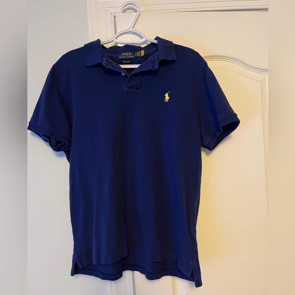 Ralph Lauren Men's Navy Polo Shirt with Yellow Logo slim fit